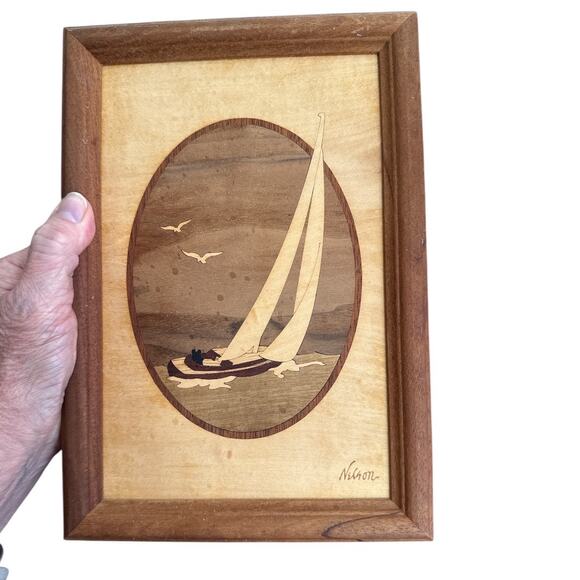 Hand Crafted Wood Inlay Sailboat Wall Hanging Art by Nelson Vintage - Picture 4 of 10